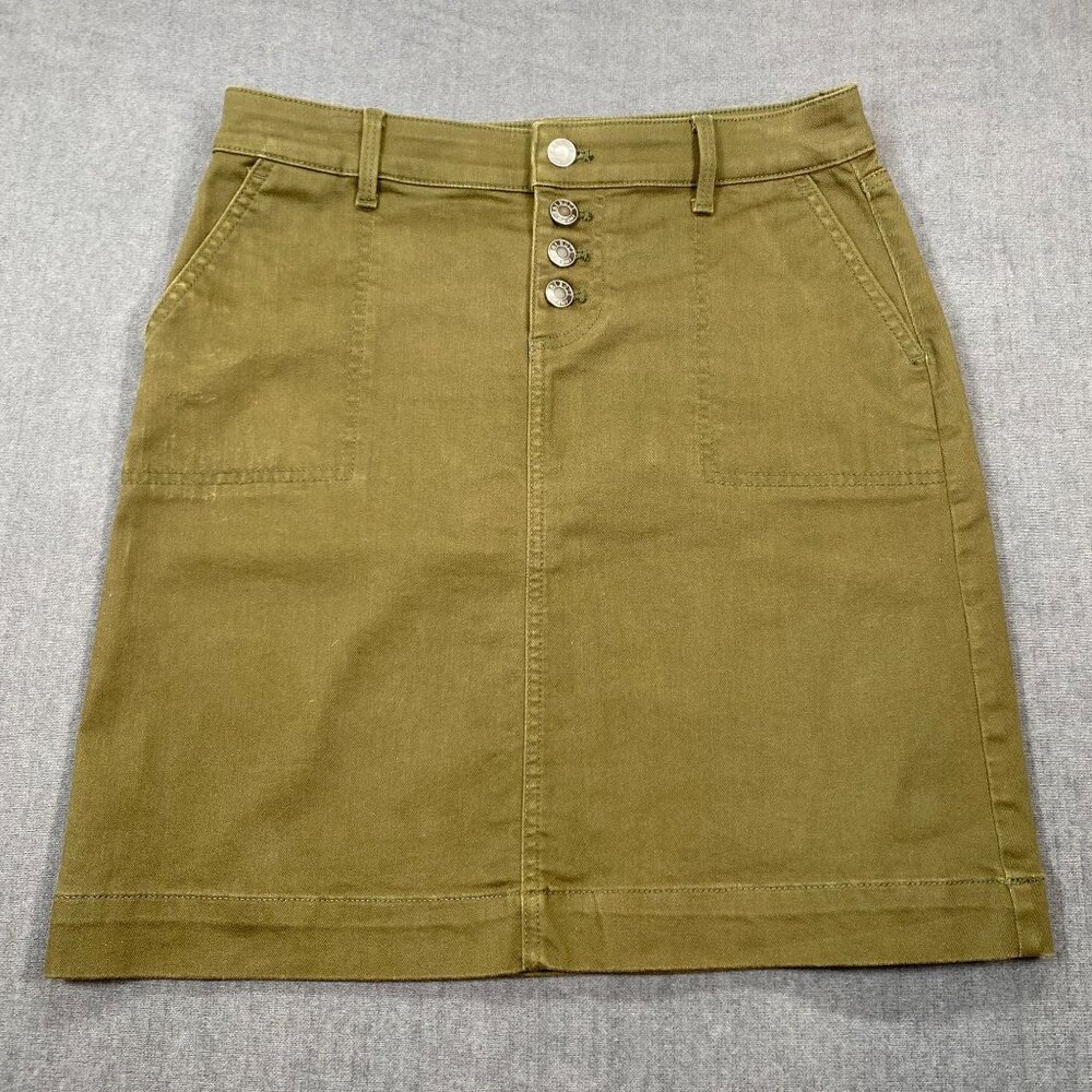 Talbots Petite Khaki Button-Front Denim Skirt Womens Size4P Cotton/Spandex Blend